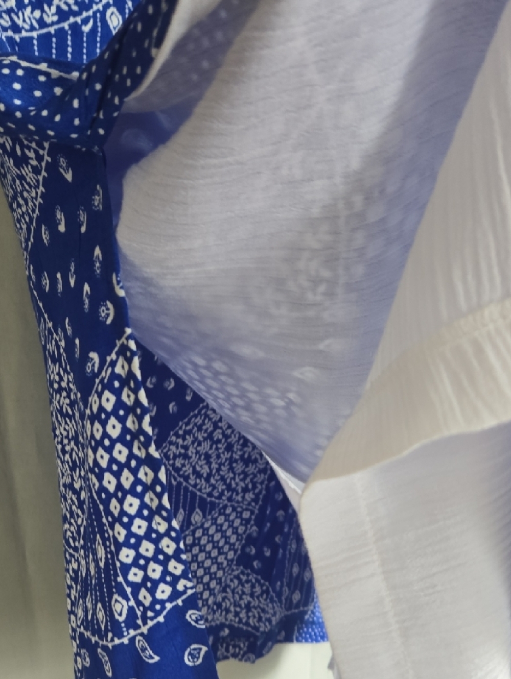 Adolfo Blue Patchwork Print Short Sleeve Button-Down with White Placket - Picture 7 of 13